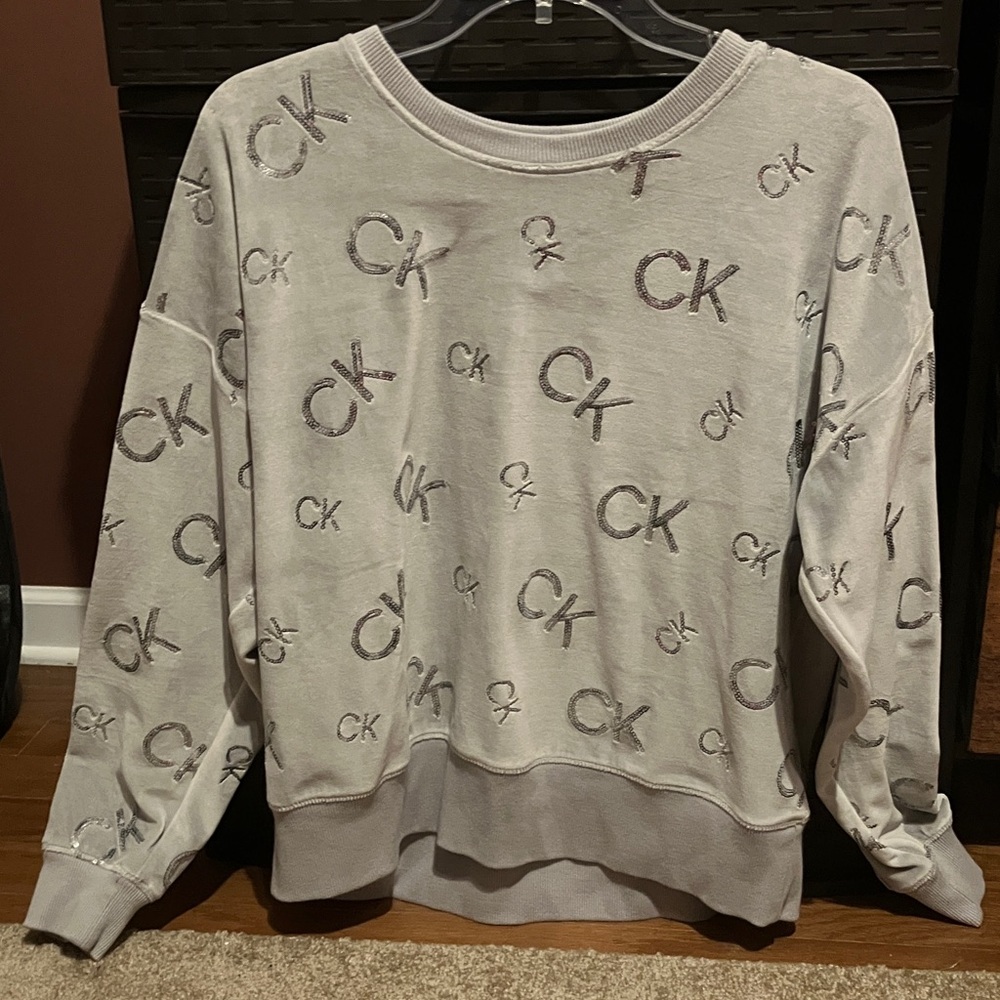Calvin Klein Women's velour Gray Logo Sweater